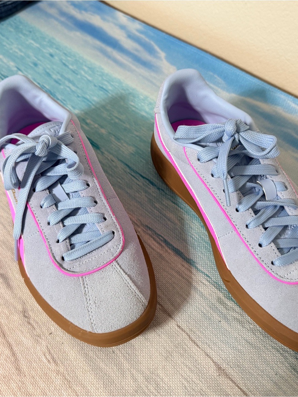 Puma Women’s Light Blue Suede Sneakers with Pink Piping and Gum Sole